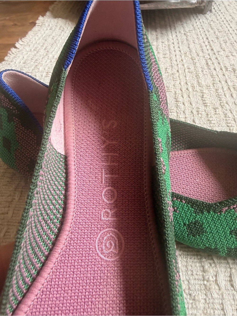 retired Botanicamo Rothy's Green Knit Ballet Flat with Pink Insole and Blue Trim